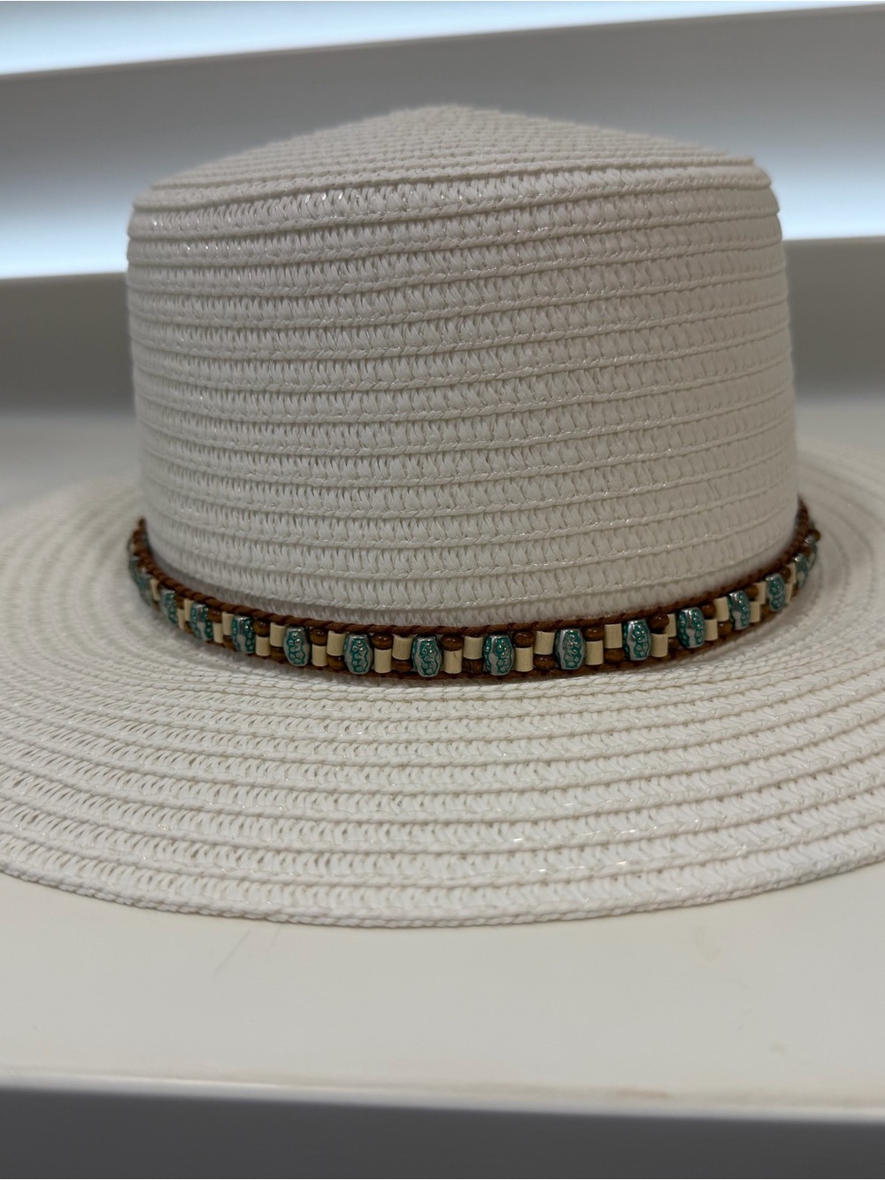 Women's Cream Straw Panama Hat with Turquoise Beaded Band